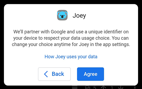 Joey mobile Cookies Consent notice