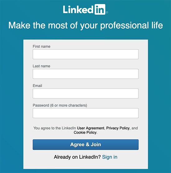 LinkedIn Create Account form with Agree and Join button