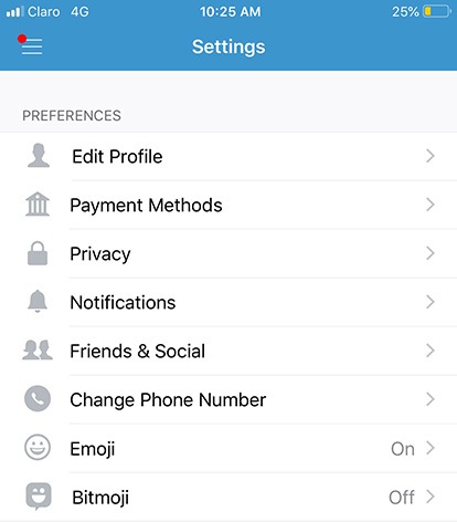 Venmo app Settings menu screenshot