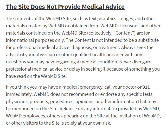 WebMD medical advice disclaimer