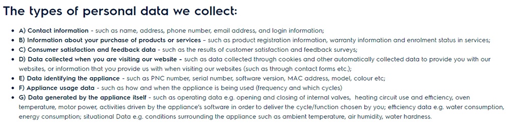 Electrolux Data Privacy Statement: Types of Personal Data We Collect clause