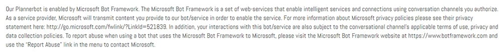 PlannerBot Privacy Policy: Microsoft Bot Framework disclosure