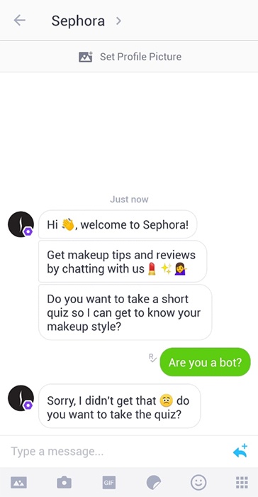 Screenshot of Sephora chat bot on kik messenger app