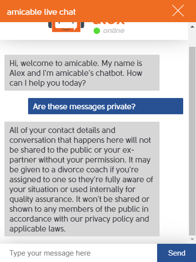 Amicable: Screenshot of chatbot Privacy Policy information