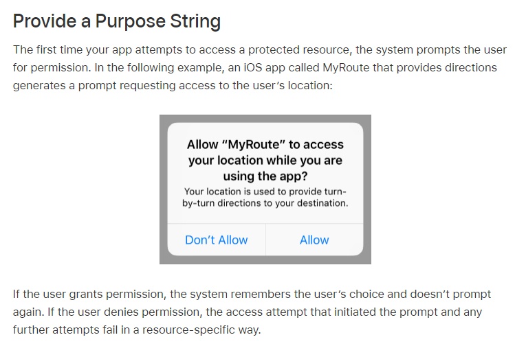 Apple: Accessing Protected Resources - Provide a Purpose String section