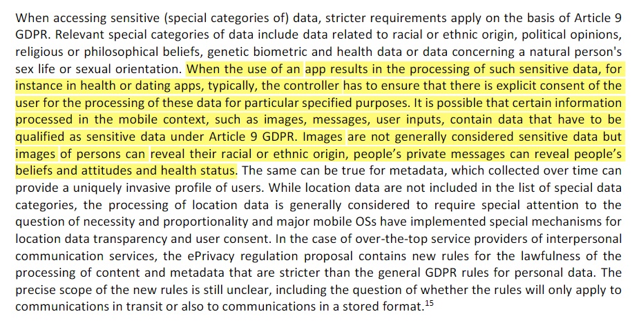 enisa: Privacy and Data Protection in Mobile Apps: Section on consent and sensitive information