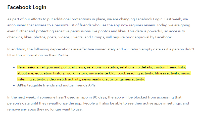 Facebook News for Developers: Requirements for Facebook login - Sensitive personal data permissions
