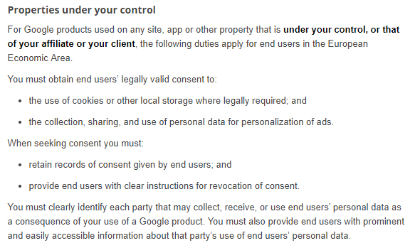 Google EU User Consent Policy: Properties under your control clause