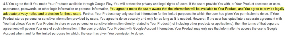 Google Play Developer Distribution Agreement: Privacy Policy requirement highlighted