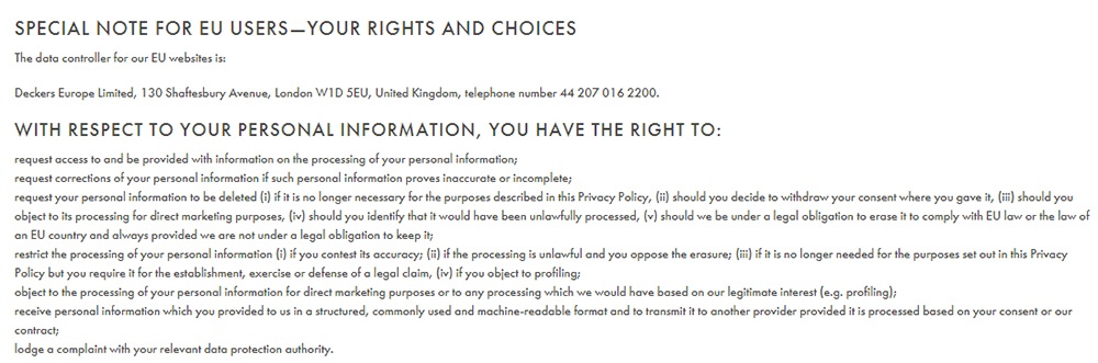 Hoka One One Privacy Policy: Special Note for EU Users - Your Rights and Choices clause excerpt
