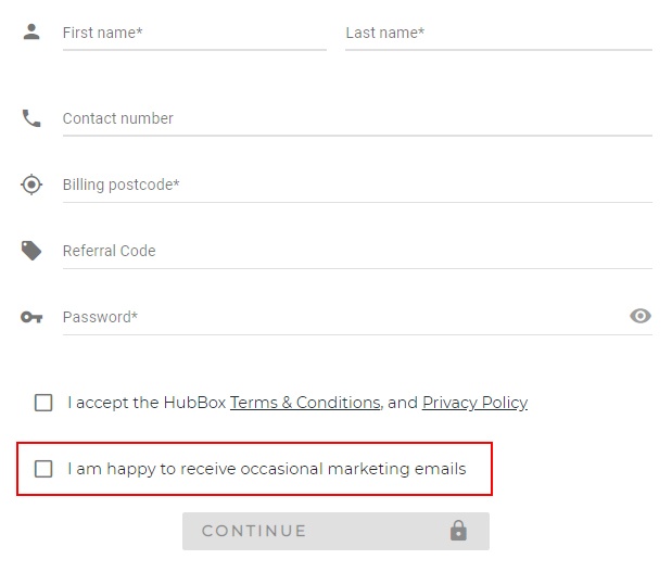 HubBox: Create account form with consent checkbox for marketing emails highlighted