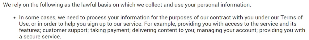 Perlego Privacy Policy: Lawful basis to collect and use information clause excerpt