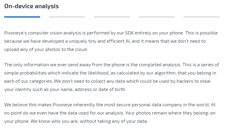 Pixoneye Data Privacy Policy: On-device analysis security clause