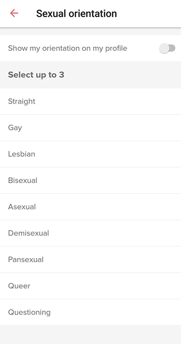 Tinder app: Sexual orientation screen