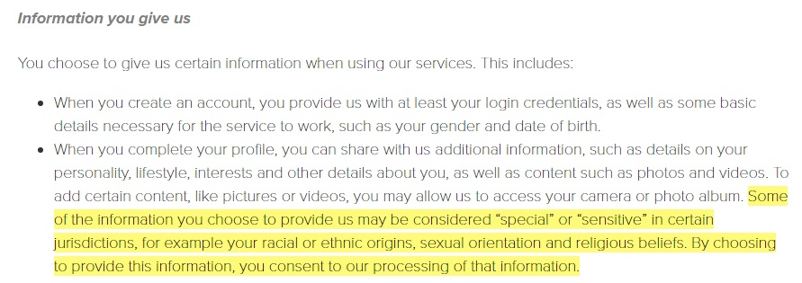 Tinder Privacy Policy: Sensitive information clause excerpt