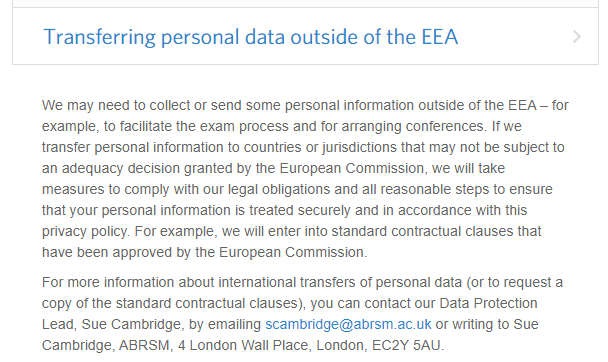 ABRSM Privacy Policy: Transferring personal data outside of the EEA
