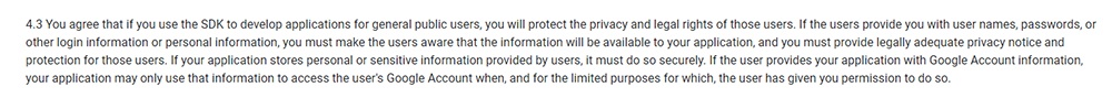 Android Developer Terms and Conditions: Clause to agree to protect the privacy and legal rights of users
