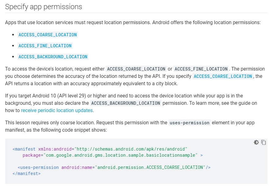 Android Developers documentation: Guidance to specify app permissions for location