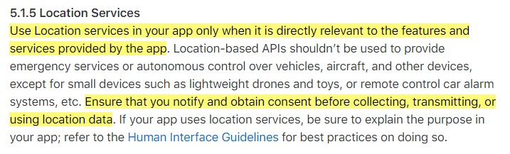 Apple App Store Review Guidelines: Legal - Location Services clause