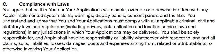 Apple SDK Agreement: Compliance with Laws clause