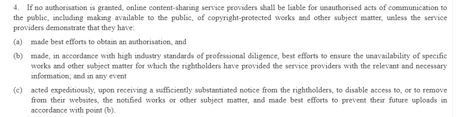 EU Copyright Directive Article 17 Section 4 - Avoiding liability
