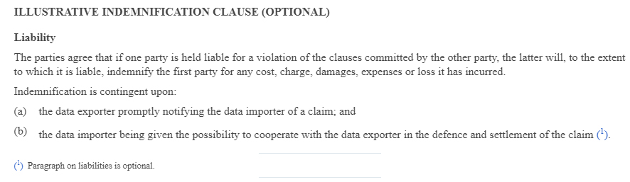 EUR-Lex Commission Decision 2010 87 EU: SCC - Transfer of personal data to third countries - Illustrative Indemnification Clause - Optional Liability