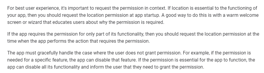 Google Maps Platform documentation: Request runtime permissions - Location section
