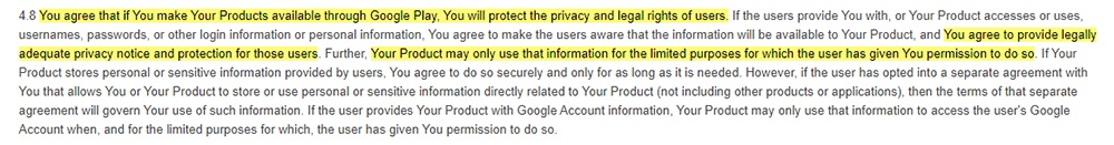 Google Play Developer Distribution Agreement: Clause requiring protecting privacy rights and providing privacy notice