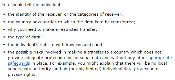 ICO: International Transfers Guidance on consent exception disclosures