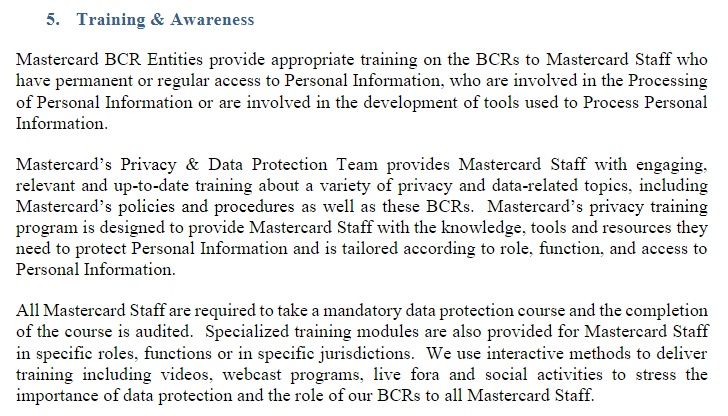 Mastercard BCRs Training and Awareness section
