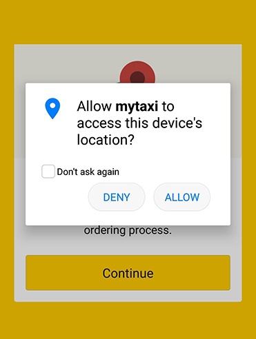 MyTaxi app: Access location permissions screen with allow and deny options