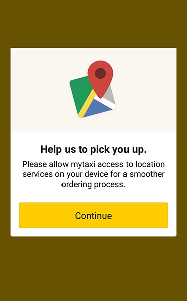 MyTaxi app: Continue - Access location permissions screen