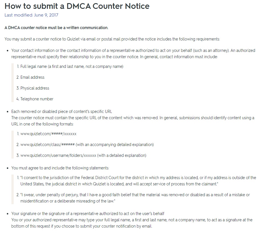 Quizlet: Instructions for how to submit a DMCA Counter Notice