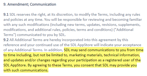 SDL AppStore Terms and Conditions: Amendment Communication clause