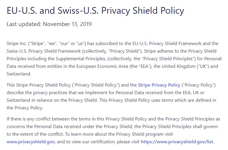 Stripe: EU-US and Swiss-US Privacy Shield Policy: Intro section