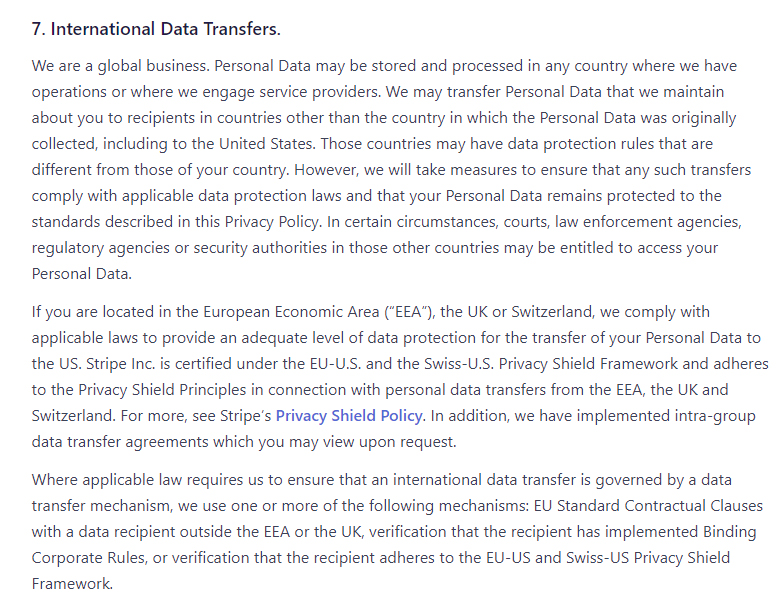 Stripe Global Privacy Policy: International Data Transfers clause
