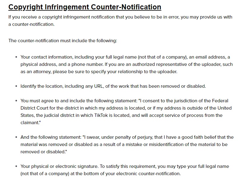 TikTok Copyright Policy: Copyright Infringement Counter-Notification Instructions