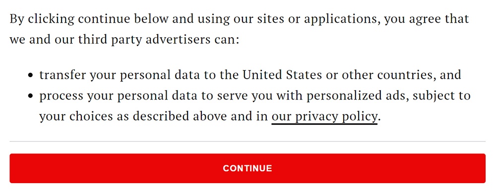 Time Cookie Wall consent notice to agree to personalized ads and transfer of data