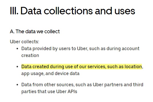 Uber Privacy Notice: Data collections and uses summary with location data highlighted