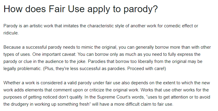 Vimeo Help Center: Section about how Fair Use applies to parody