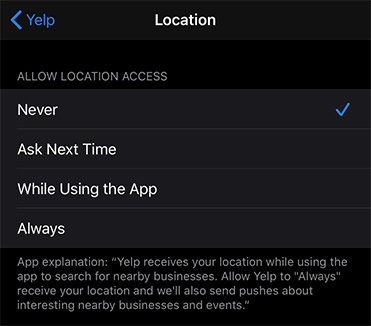 Yelp iOS app: Location access permissions menu