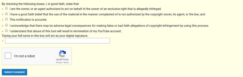 Screenshot of declaration and signature fields in YouTube Copyright Infringement Notification form
