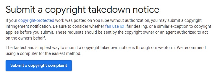YouTube Help: Submit a copyright takedown notice and complaint