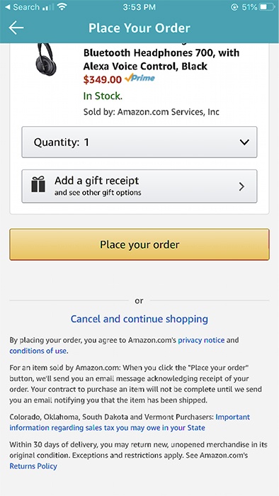 Amazon iOS app: Place your order screen