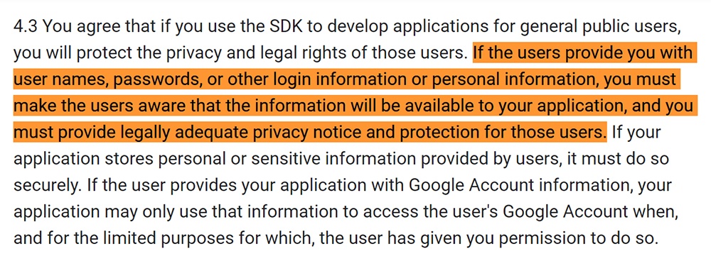 Android Developers Terms and Conditions: Use of SDK - Privacy notice requirement clause