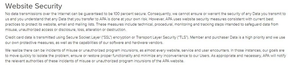 APA Privacy Policy: Website Security clause