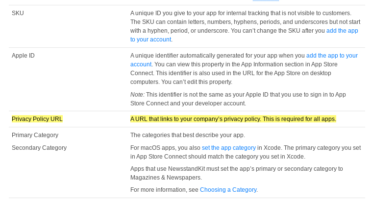 Apple App Store Connect App Information: Privacy Policy URL requirement highlighted