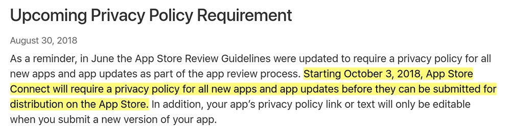 Apple App Store: Upcoming Privacy Policy Requirement reminder