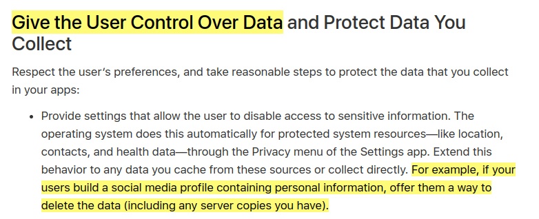 Apple Developer article: Protecting the User's Privacy - Give the User Control Over Data section