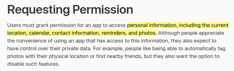 Apple Developer Human Interface Guidelines: Requesting permission to access personal information highlighted